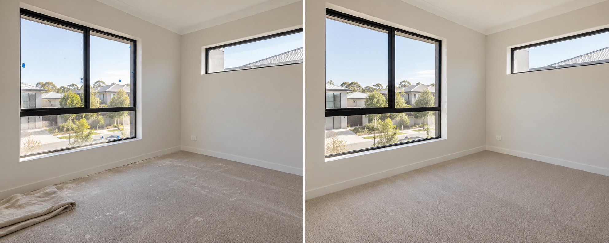 Before and after final construction cleaning in a bedroom
