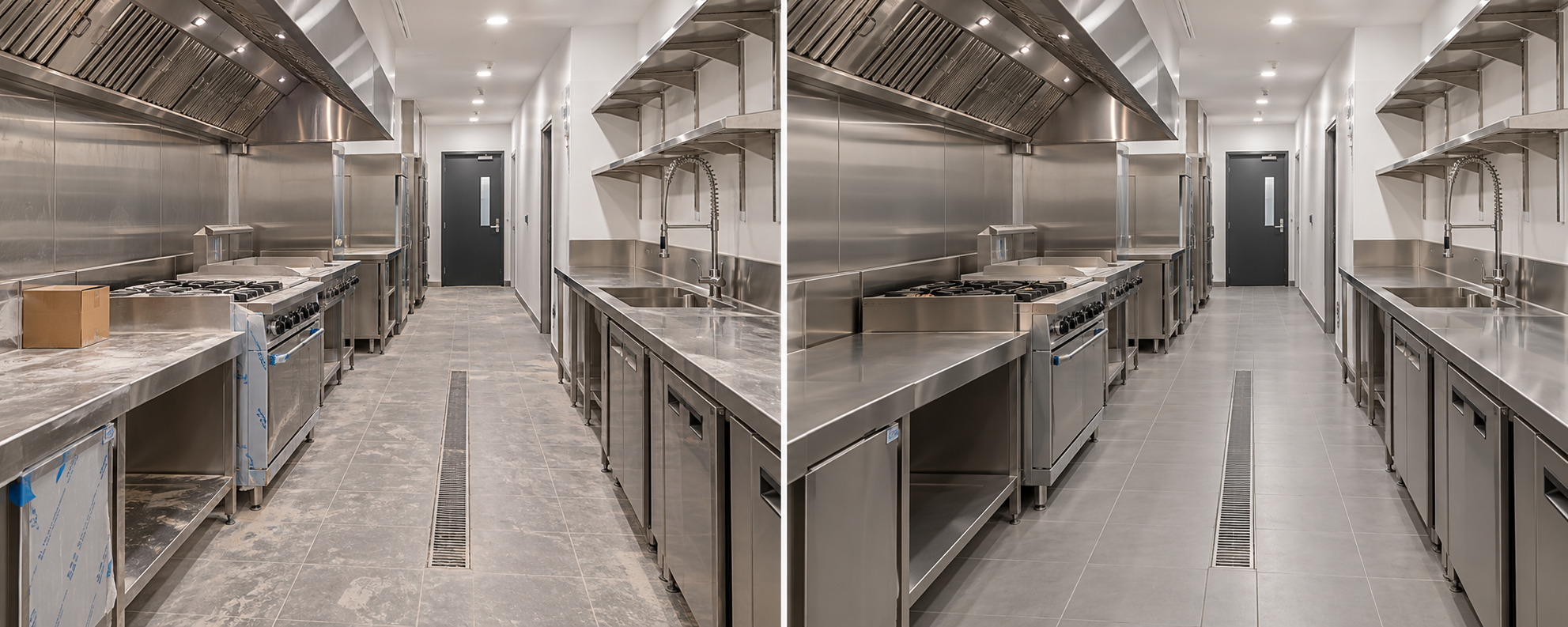 Before and after final construction cleaning in a commercial kitchen and corridor